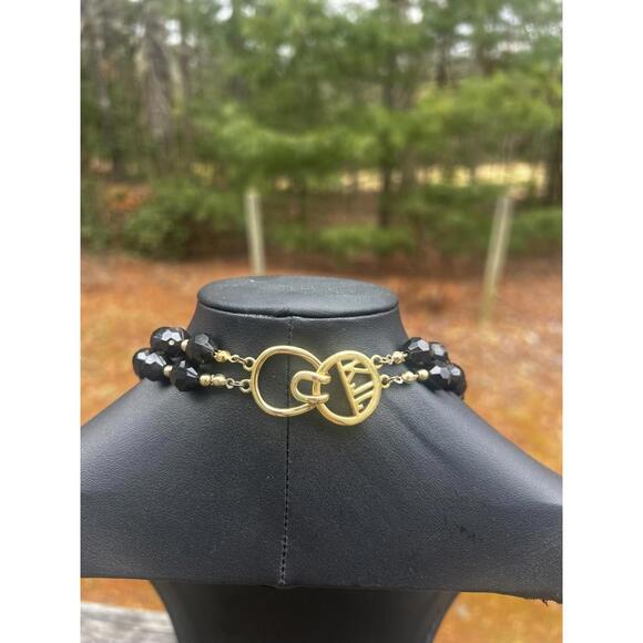 VTG KJL Kenneth Lane Faceted Jet Black Gold Bead Double Strand Necklace 28" Long - Picture 6 of 8